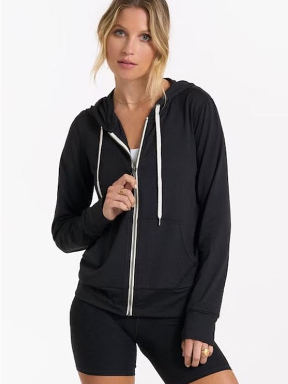 Vuori Black Zip Hoodie with White Drawstrings